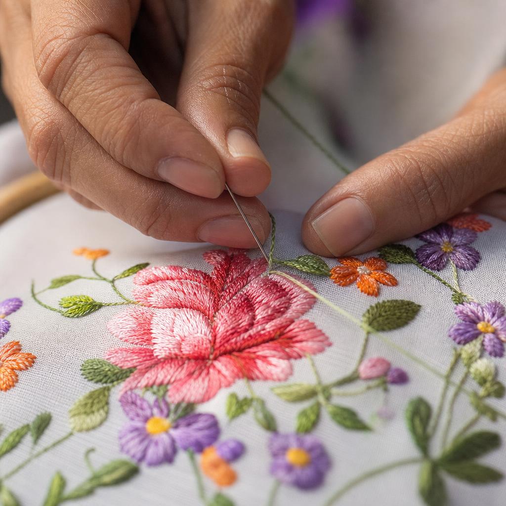 Bàn tay nghệ nhân đang thêu tay tinh xảo